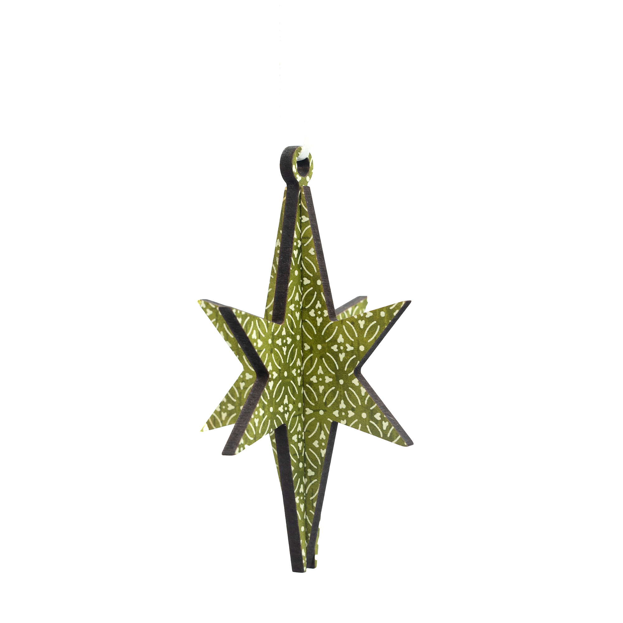 3D Star decoration in Scandi Green design, hanging against a white background