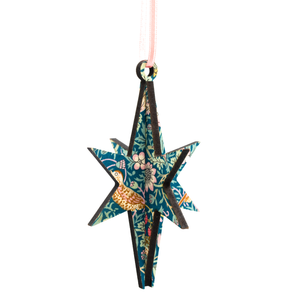 3D Star decoration in William Morris 'Strawberry Thief' design, hanging against a white background