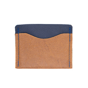 Image of brown and navy leather card wallet against white backdrop.