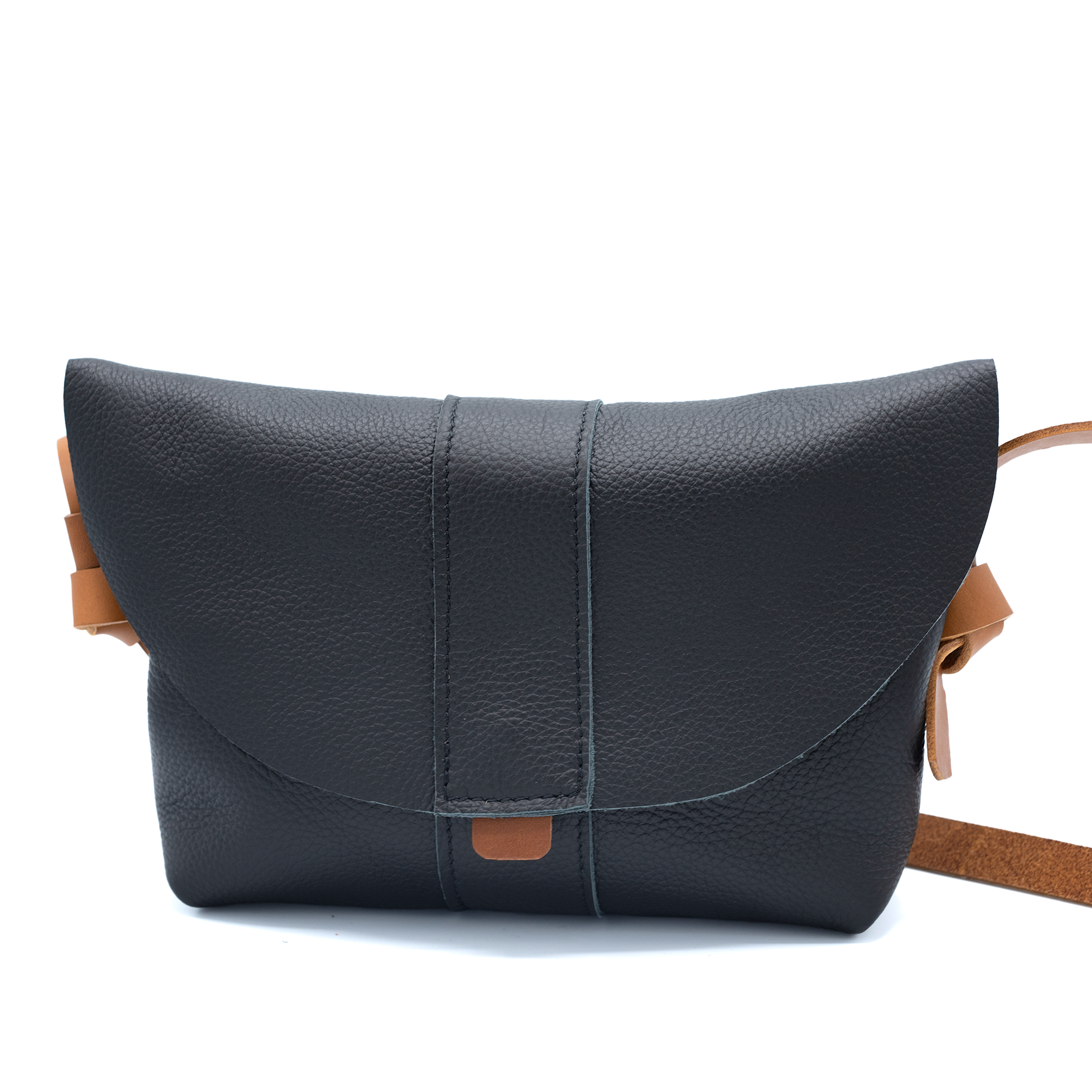 Image of a navy leather bag with white background.