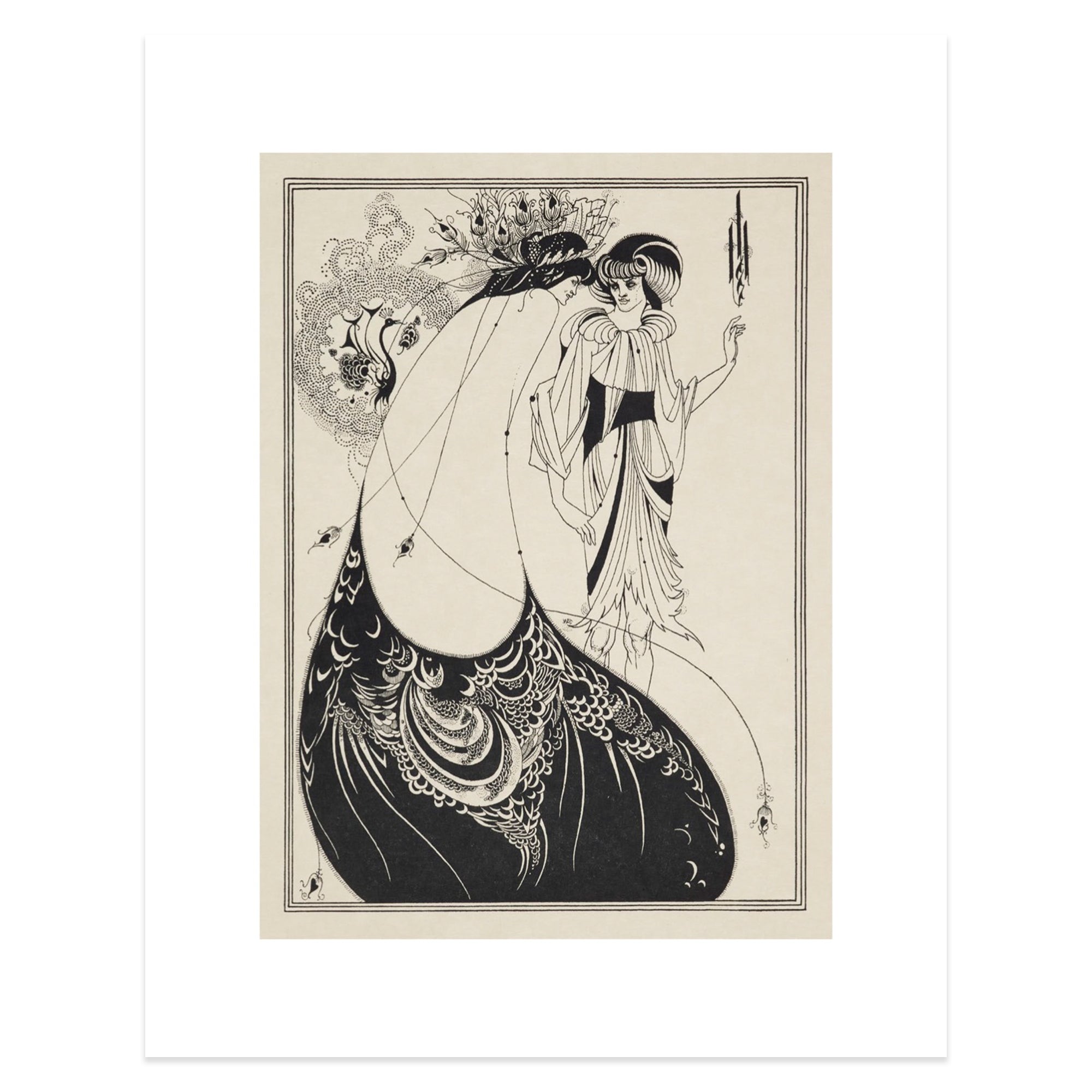 Aubrey Beardsley The Peacock Skirt repriduction. Black and cream drawing of two figures in extravagant clothing.