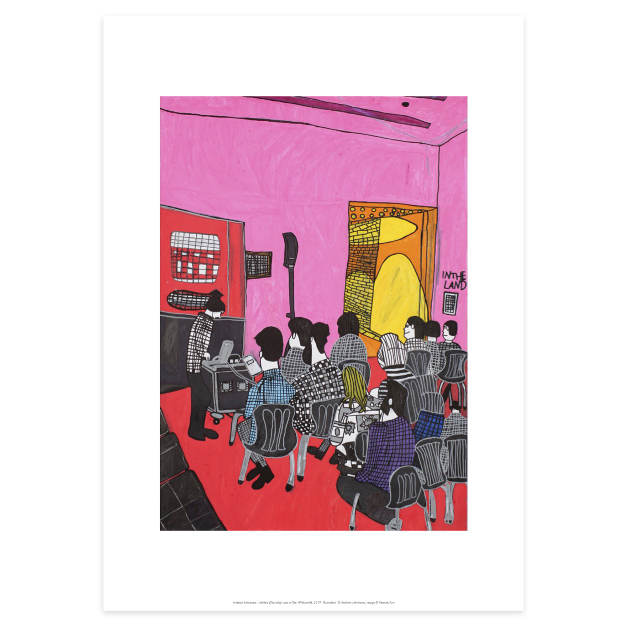 Reproduction of Andrew Johnstones artwork. A room full of people sat on chairs with pink walls.