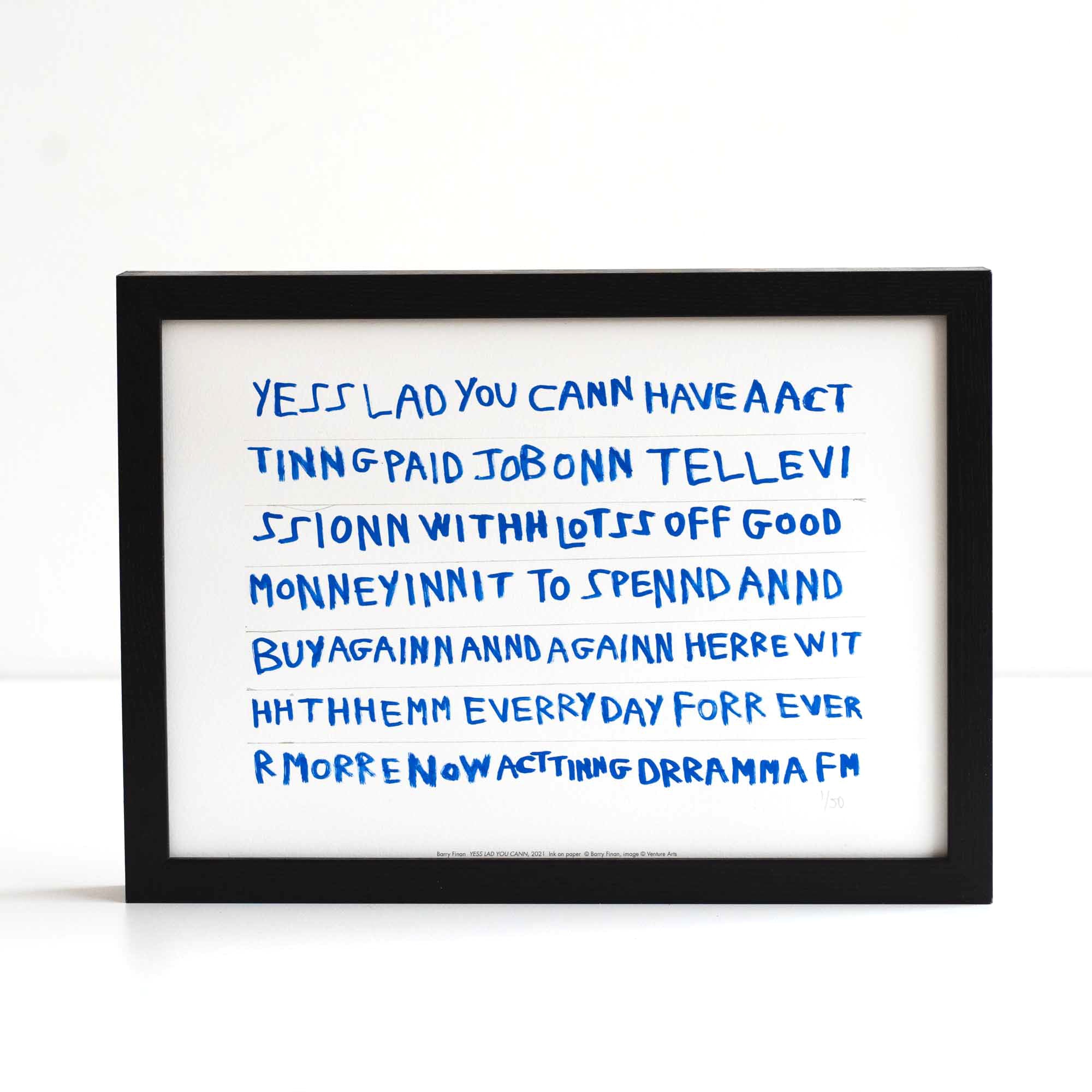 Framed print featuring word in blue capital letters