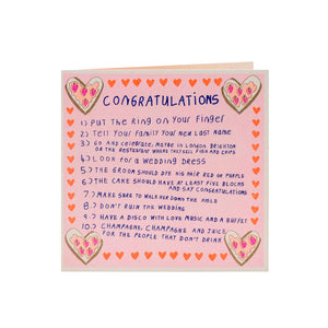 Pink card against white background from Arthouse Unlimited. A humorous list of wedding advice.