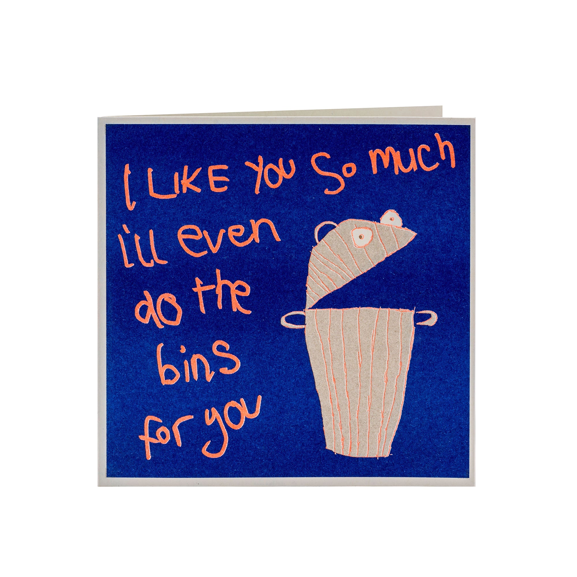 Card saying I like you so much I'll even do the bins for you. Blue background with orange writing.