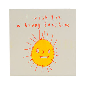 Greetings card, white envelope. Bright pink and yellow sun. Orange-pink text, I wish you a happy sunshine.