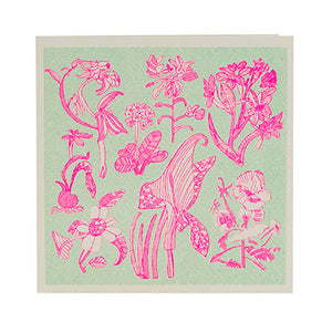 Greetings card, white envelope. Pale moss green front with bright pink flowers scattered throughout.