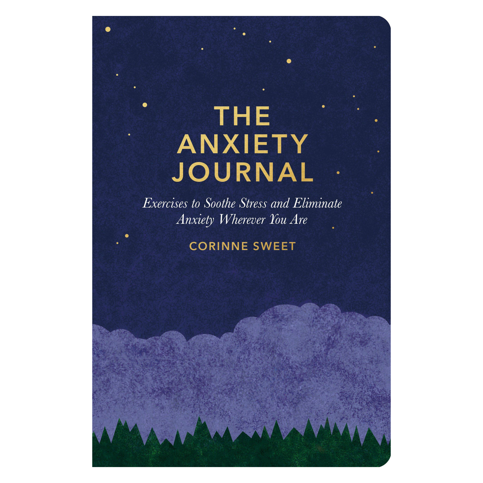 Front cover of the Anxiety Journal. Nighttime landscape with stars and title printed in yellow font.