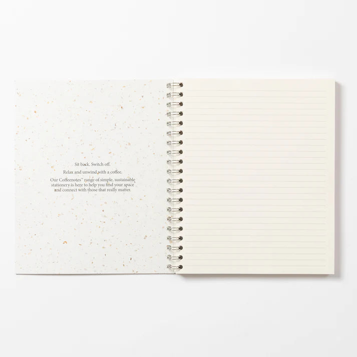 Inside pages of the notebook. Lined page on the right and on the left a sentence about Coffeenotes
