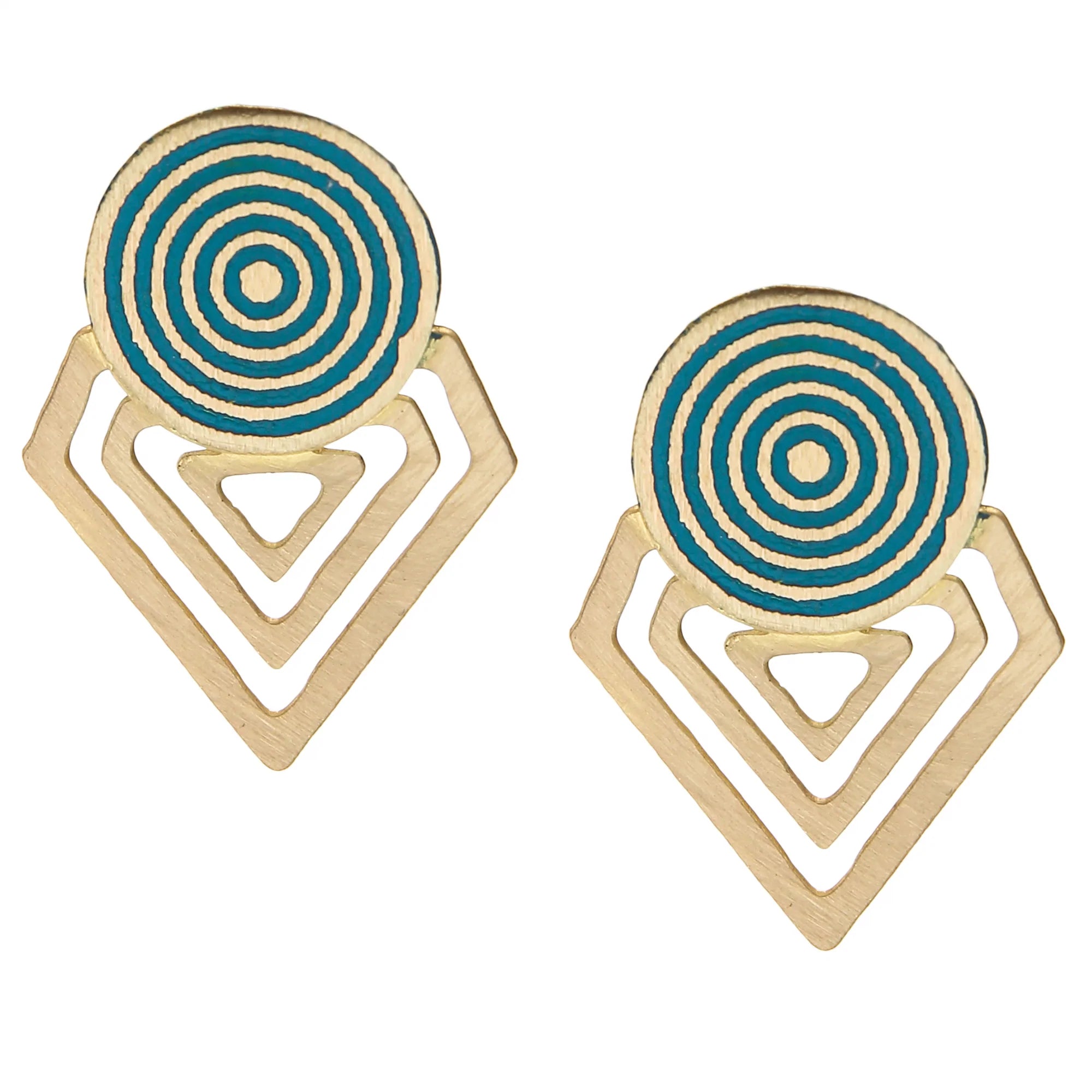 A pair of earrings with a circle shaped target in brass and coppery green with brass diamond shapes attached to the lower half.