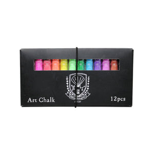 Front view of the black box the chalk is kept in. It has a cutout window showing some of the chalk colours inside.