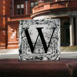 Lifestyle shot of the Whitworth tile in front of the Whitworth Gallerys front entrance. 